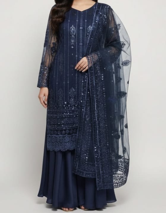 Embroidered Net Stiched 3PC