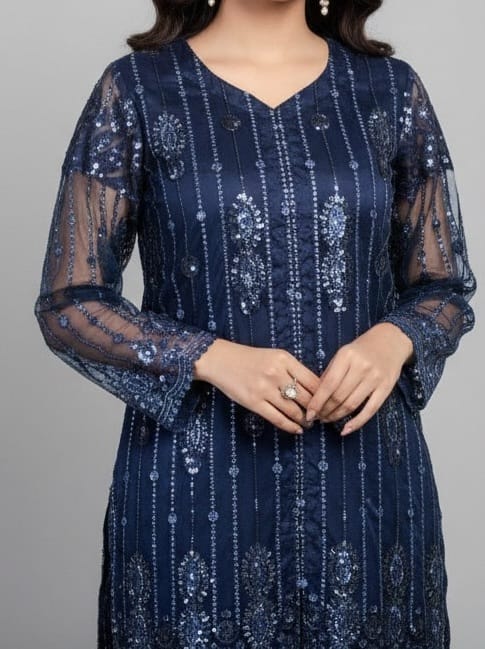 Embroidered Net Stiched 3PC