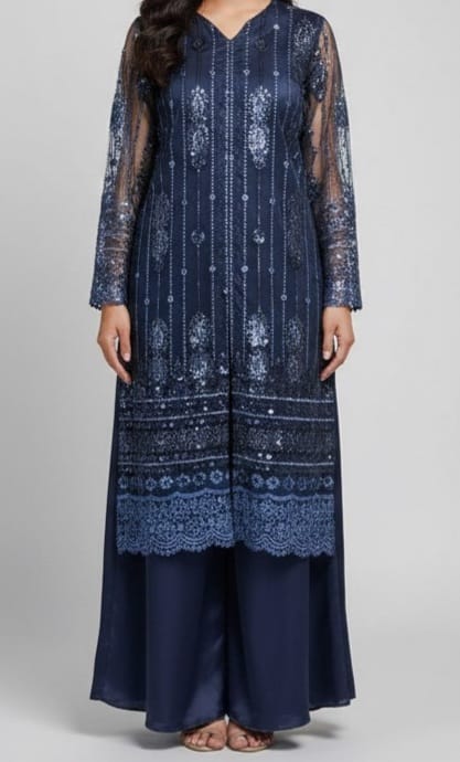 Embroidered Net Stiched 3PC