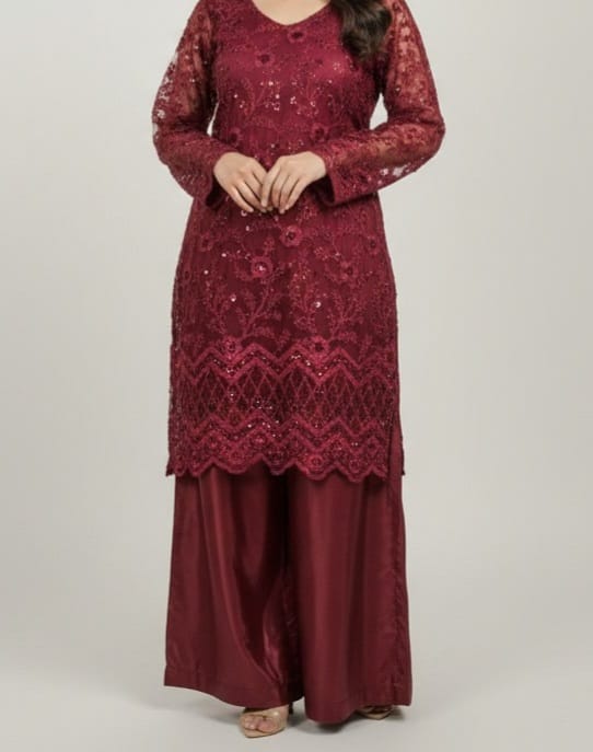 Embroidered Net Stiched 3PC