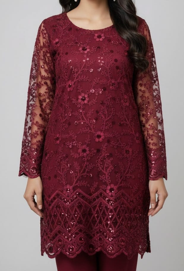 Embroidered Net Stiched 3PC