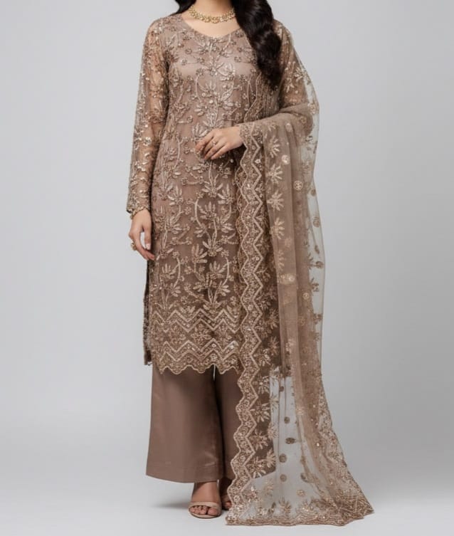 Embroidered Net Stiched 3PC