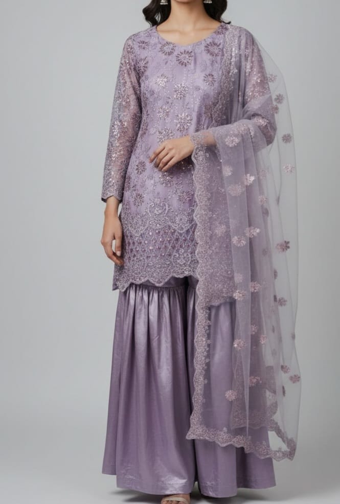 Embroidered Net Stiched 3PC