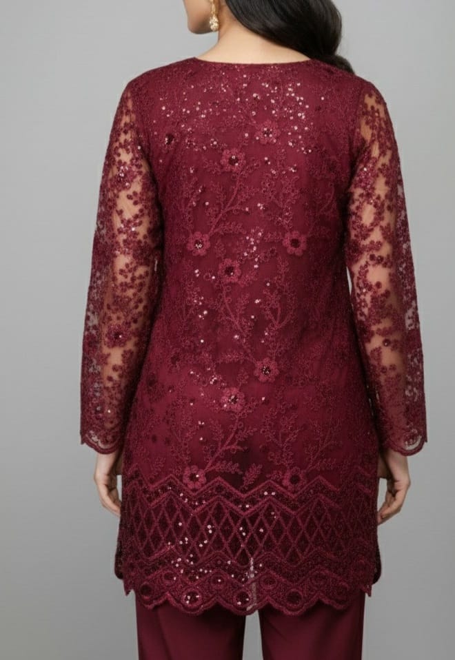 Embroidered Net Stiched 3PC